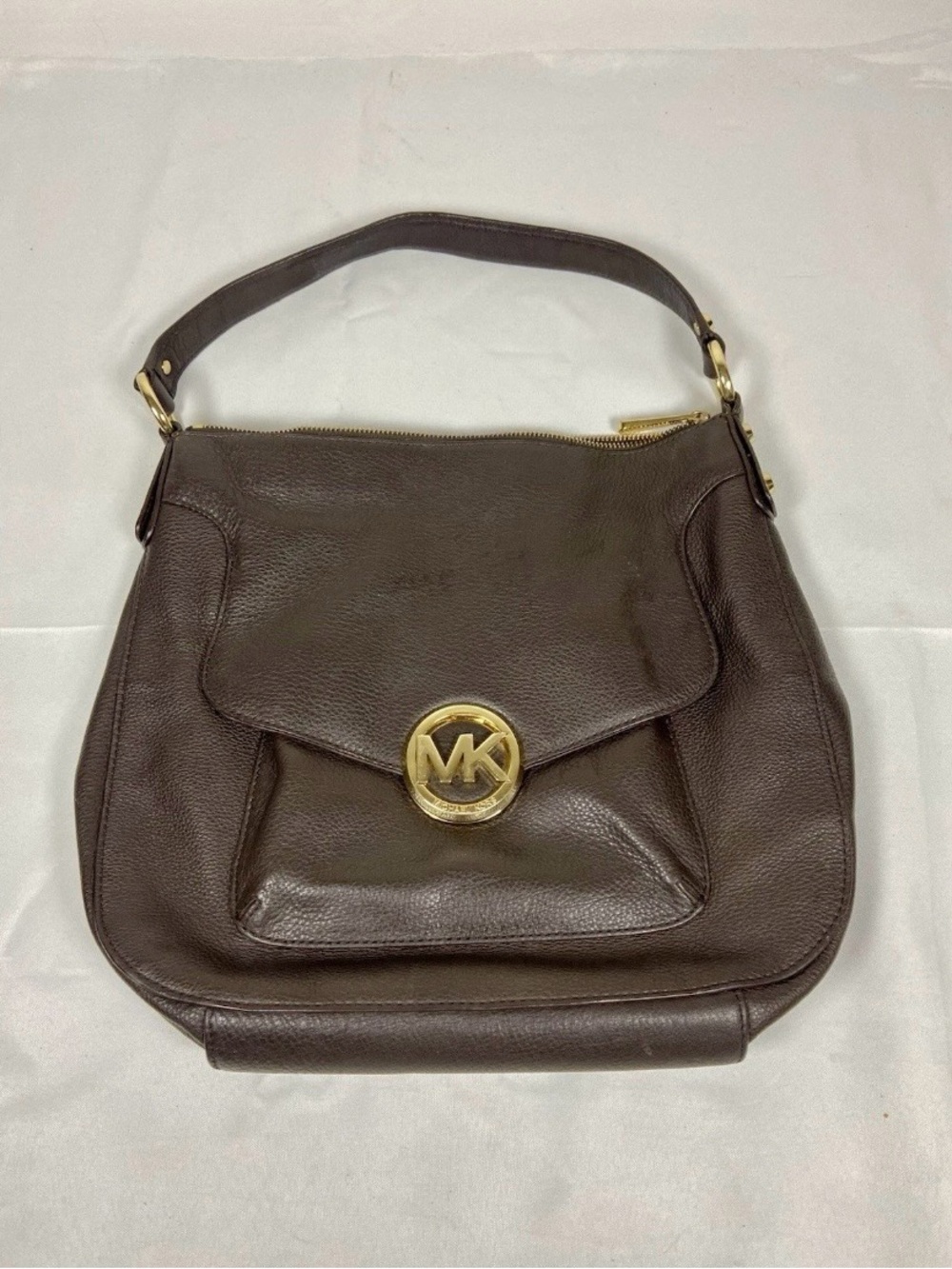Michael Kors Fulton Brown Pebbled Leather Shoulder Hobo Bag Gold Tone Purse